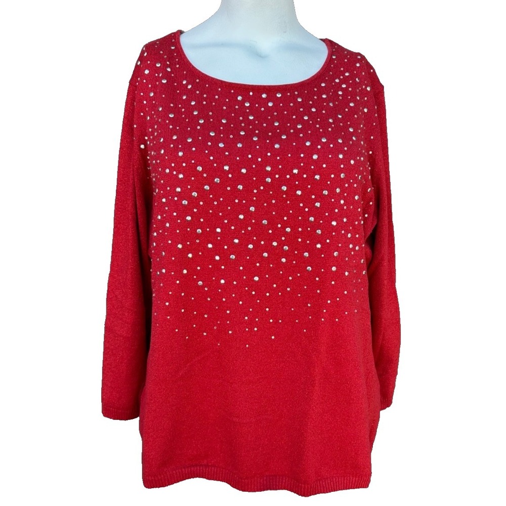 New Options Sweater Womens 1X Red Studded Rhinestone Knit Pullover Glam Top Tony
